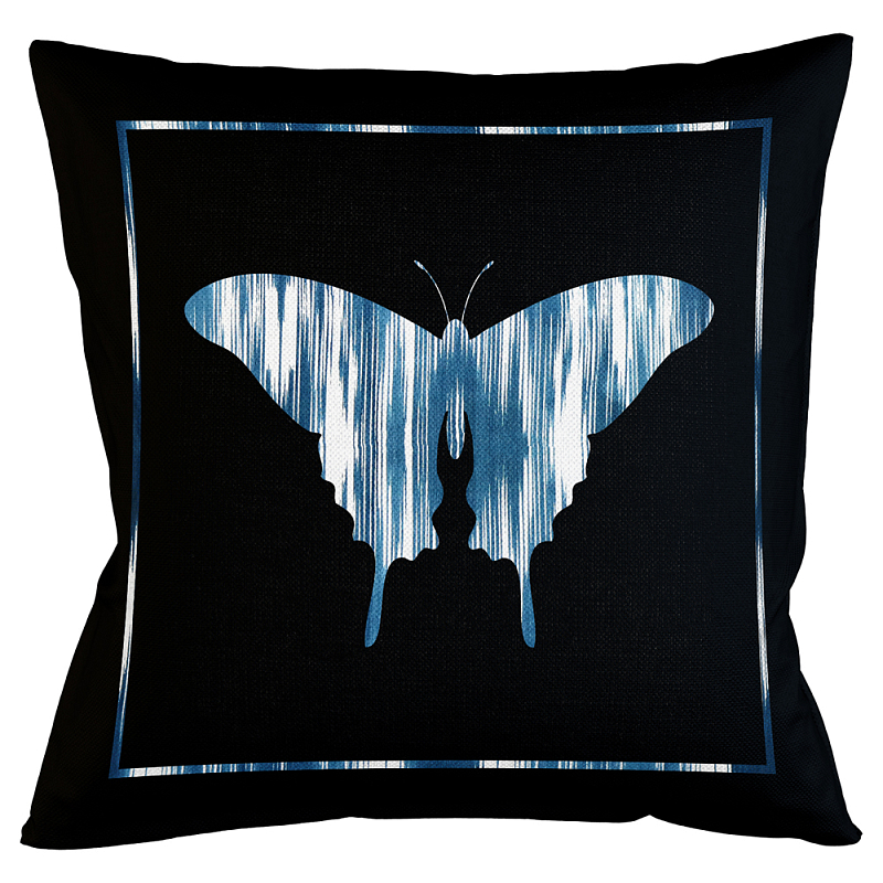 Подушка декоративная Бабочка с синим узором Ikat Pattern Черный Белый Синий Бежевый Подушка декоративная Бабочка с синим узором Ikat Pattern Черный Белый Синий Бежевый в Челябинске | Loft Concept