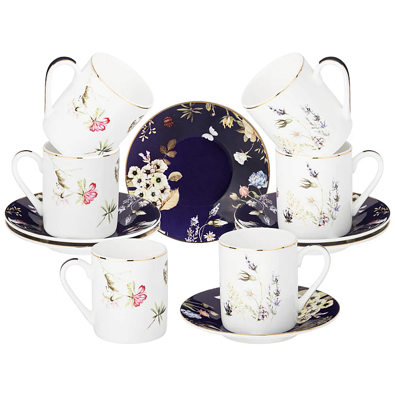 Кофейный набор из фарфора с рисунком цветов 100 мл Garden Whisper Porcelain Set Белый Темно-синий Мульти Кофейный набор из фарфора с рисунком цветов 100 мл Garden Whisper Porcelain Set Белый Темно-синий Мульти в Челябинске | Loft Concept