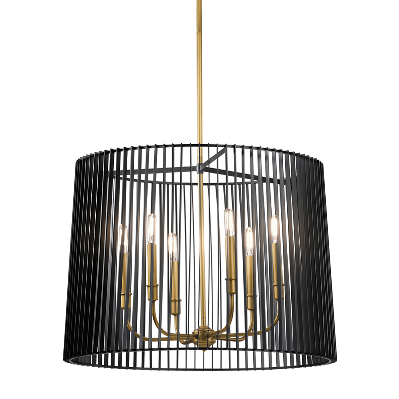 Люстра цвета латунь с 6-ю лампами свечами внутри цилиндрического абажура из черных металлических реек Kichler Латунь Черный в Челябинске | Loft Concept 