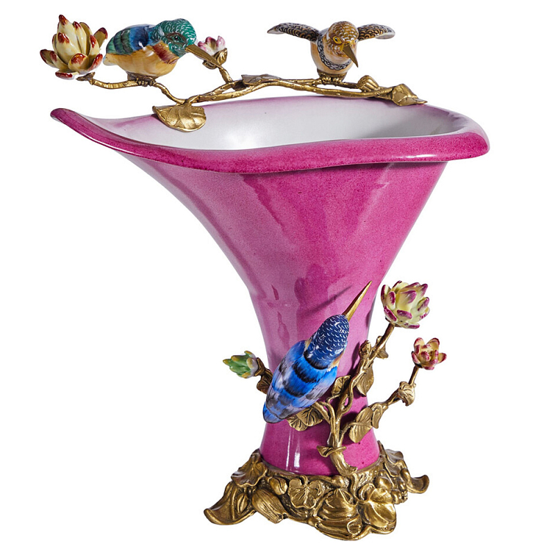 Ваза розового цвета из фарфора с птичкми и цветущими ветвями Garden of Eden Розовый Бронза Мульти в Челябинске | Loft Concept 