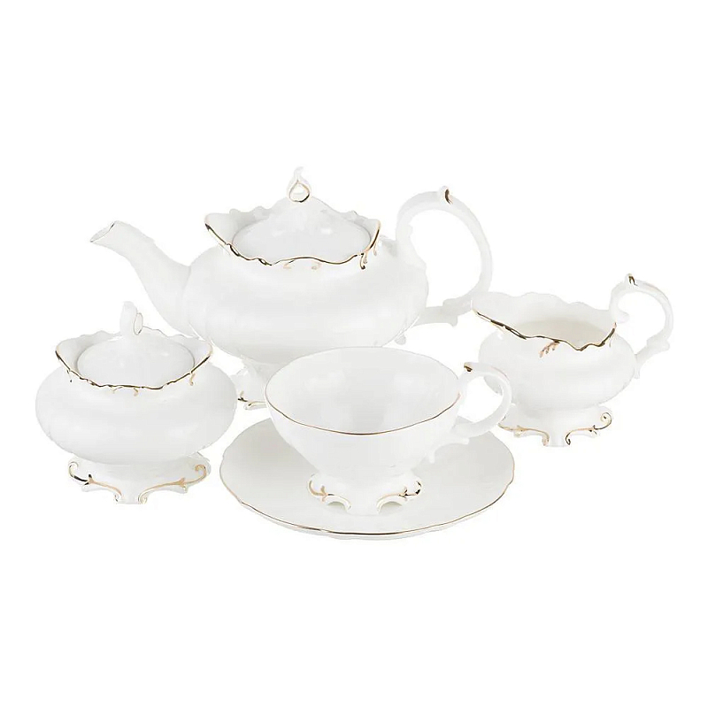 Чайный сервиз белого цвета из фарфора на 6 персон 15 предметов Shine Porcelain Белый Золотой Чайный сервиз белого цвета из фарфора на 6 персон 15 предметов Shine Porcelain Белый Золотой в Челябинске | Loft Concept