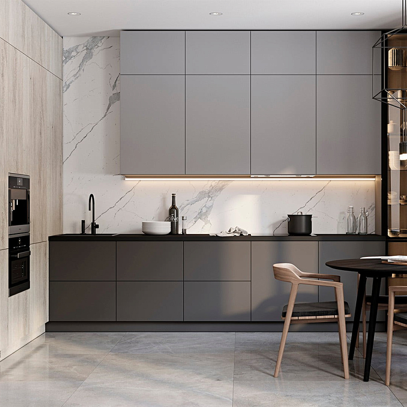 Серый кухонный гарнитур с фасадом под светлый дуб Ferrand Kitchen Set Серый Белый Мрамор Bianco Светлый дуб Темно-серый Серый кухонный гарнитур с фасадом под светлый дуб Ferrand Kitchen Set Серый Белый Мрамор Bianco Светлый дуб Темно-серый в Челябинске | Loft Concept