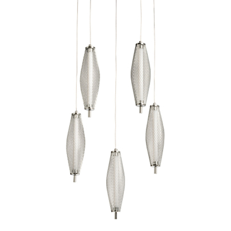 Люстра круглая каскадня с 5-ю плафонами из металлической сетки Mesh Lampshade Lighting Хром в Челябинске | Loft Concept 