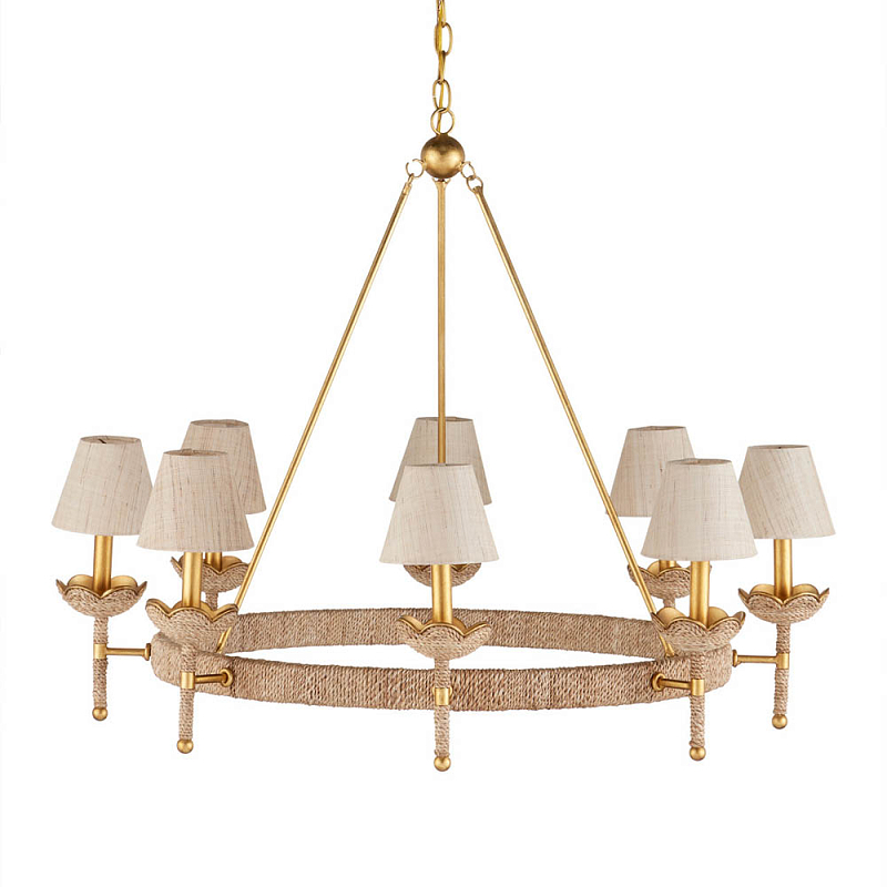 Люстра из кованого железа с отделкой плетеной веревкой и сусальным золотом Parisian Style Золотой Бежевый в Челябинске | Loft Concept 