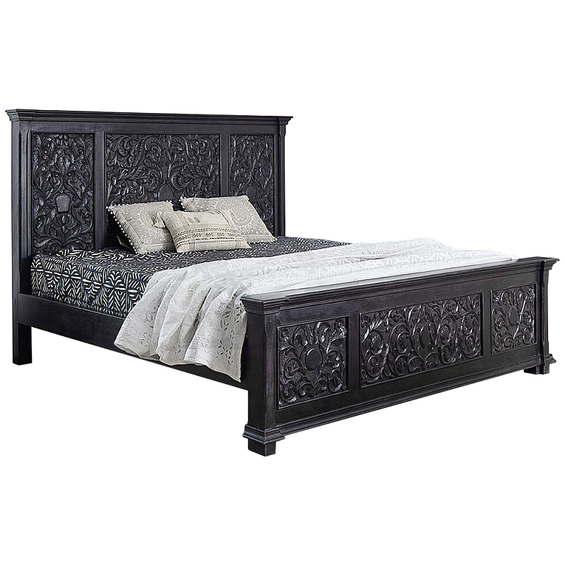 Двуспальная кровать из массива манго с резьбой Vega Grey Mango Bed Черный Серо-бежевый в Челябинске | Loft Concept 