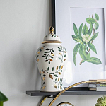 Ваза белая с крышкой с рисунком зеленых и золотых листьев 40 см Chinoiserie Ceramics варинант исполнения - 4 | Loft Concept в Челябинске