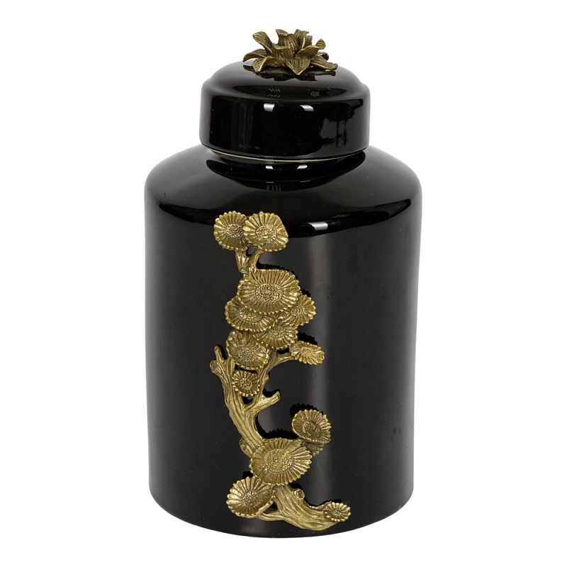 Банка с крышкой из фарфора с бронзовым цветочным элементом Eden Garden Черный Бронза в Челябинске | Loft Concept 