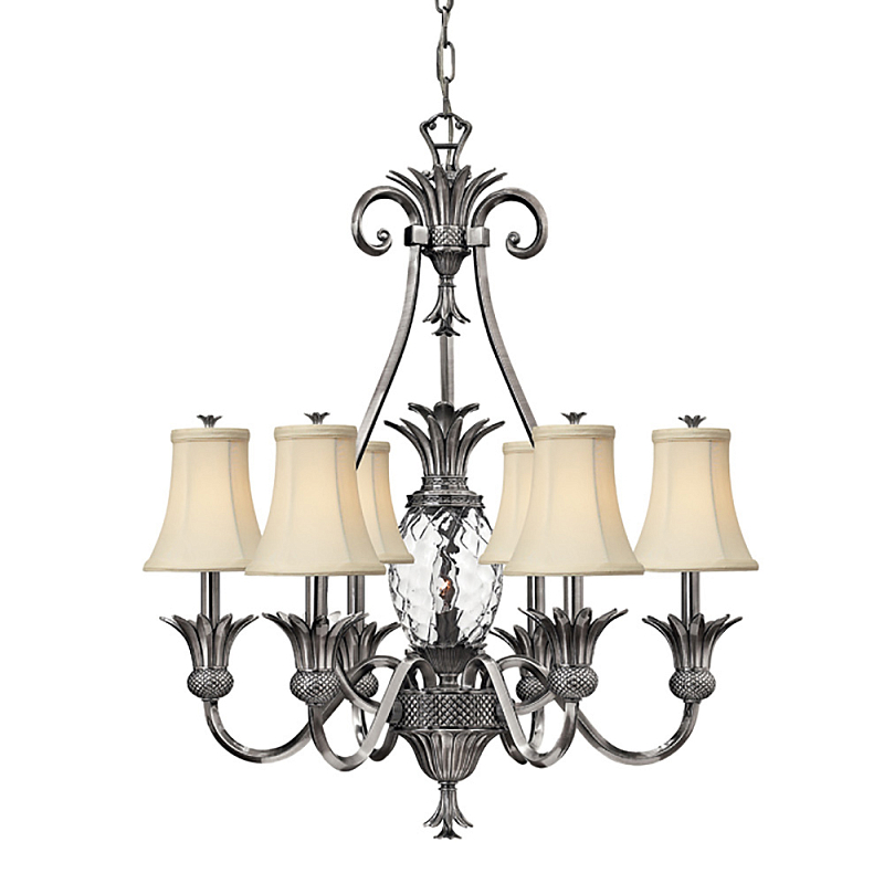 Люстра с 7-ю кремовыми текстильными абажурами Hinkley Никель Белый Бежевый Прозрачное Стекло Бронза в Челябинске | Loft Concept 
