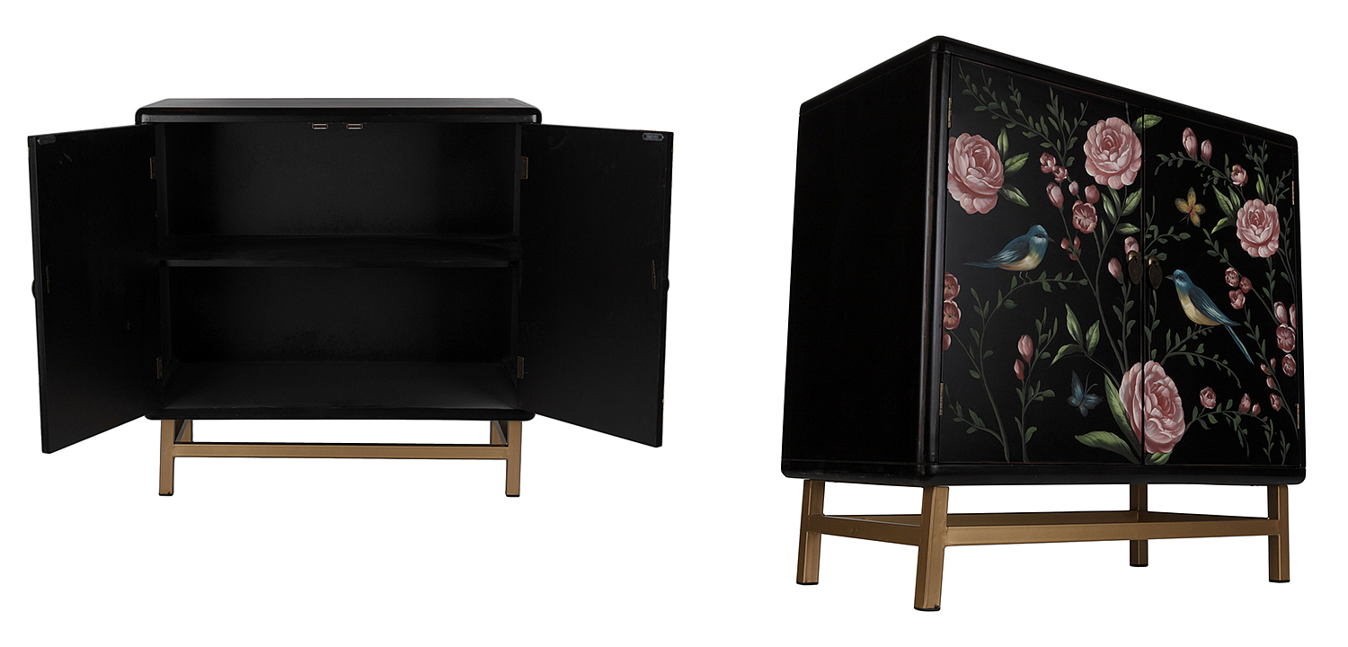 Комод с росписью птицы и цветы Black Chest Of Drawers Peonies Черный Комод с росписью птицы и цветы Black Chest Of Drawers Peonies Черный - Loft-Concept в Челябинске