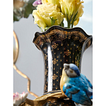 Ваза черная фарфоровая с  узором и бронзовым декором в виде веток с фарфоровой птичкой и цветами Eden Garden варинант исполнения - 4 | Loft Concept в Челябинске