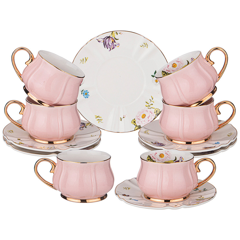 Чайный набор из фарфора на 6 персон 12 предметов Tea Porcelain Set Белый Золотой Розовый Чайный набор из фарфора на 6 персон 12 предметов Tea Porcelain Set Белый Золотой Розовый в Челябинске | Loft Concept