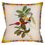 Декоративная подушка бежевая в разноцветную полоску с изображением птиц и цветов Blooming Birds Colorful Cushion варинант исполнения - 2 | Loft Concept в Челябинске