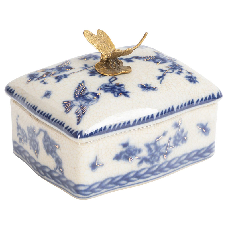 Фарфоровая шкатулка с бронзовой стрекозой Blue and White Синий Бронза Белый Фарфоровая шкатулка с бронзовой стрекозой Blue and White Синий Бронза Белый в Челябинске | Loft Concept