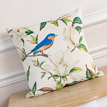 Декоративная подушка бежевая с изображением птица в саду Blooming Blue Birds варинант исполнения - 2 | Loft Concept в Челябинске