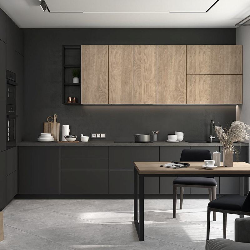 Черный матовый кухонный гарнитур с фасадом под дерево Renart Kitchen Set Черный матовый Древесина Черный матовый кухонный гарнитур с фасадом под дерево Renart Kitchen Set Черный матовый Древесина в Челябинске | Loft Concept