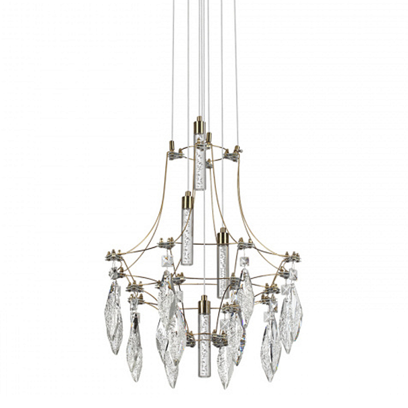 Люстра подвесная из металла с хрустальными подвесками прозрачного цвета Quasar 41 Золотой Хром в Челябинске | Loft Concept 