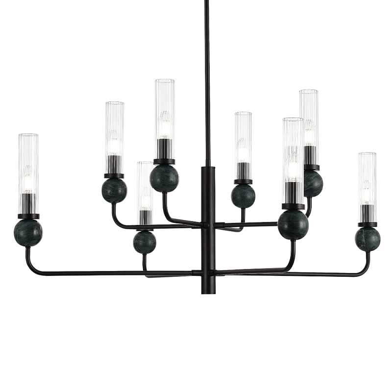 Люстра с 8-ю плафонами в форме стеклянных трубок и мраморных декоративных элементов Montreal Белый Черный Прозрачный Латунь в Челябинске | Loft Concept 