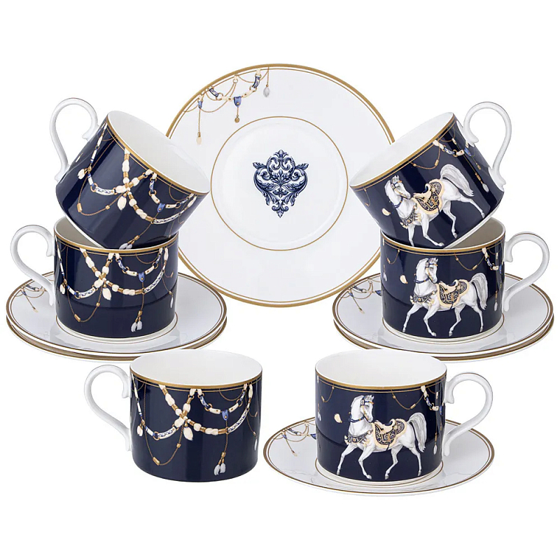 Чайный набор из фарфора с изображением лошадей на 6 персон 12 предметов Porcelain Horse Set Белый Синий Чайный набор из фарфора с изображением лошадей на 6 персон 12 предметов Porcelain Horse Set Белый Синий в Челябинске | Loft Concept