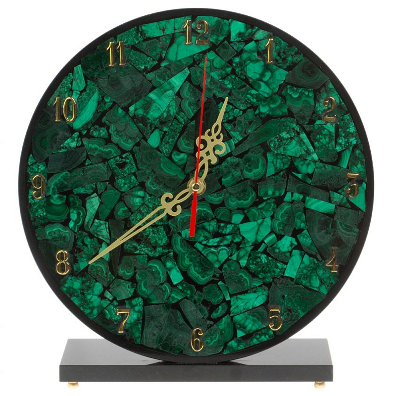 Часы настольные круглые из натурального камня Малахит Round Stone Clock Черный Зеленый Часы настольные круглые из натурального камня Малахит Round Stone Clock Черный Зеленый в Челябинске | Loft Concept