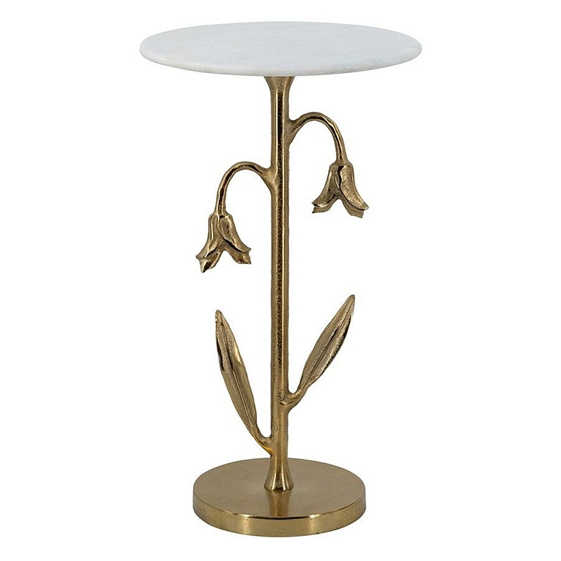 Столик с золотистым основанием в виде цветка и круглой мраморной столешницей Golden Snowdrop Золотой Белый в Челябинске | Loft Concept 