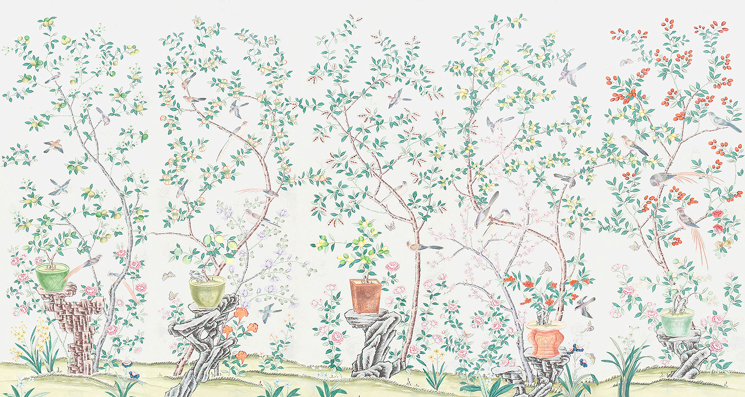 Обои ручная роспись Jardinieres & Citrus Trees Natural Mica Обои ручная роспись Jardinieres & Citrus Trees Natural Mica - Loft-Concept в Челябинске