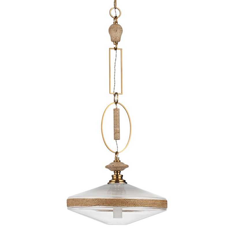 Подвесной светильник с плоским прозрачным плафоном и декоративной вставкой из текстурного камня Tectona  Латунь сатинированная Прозрачное Стекло Бежевый в Челябинске | Loft Concept 