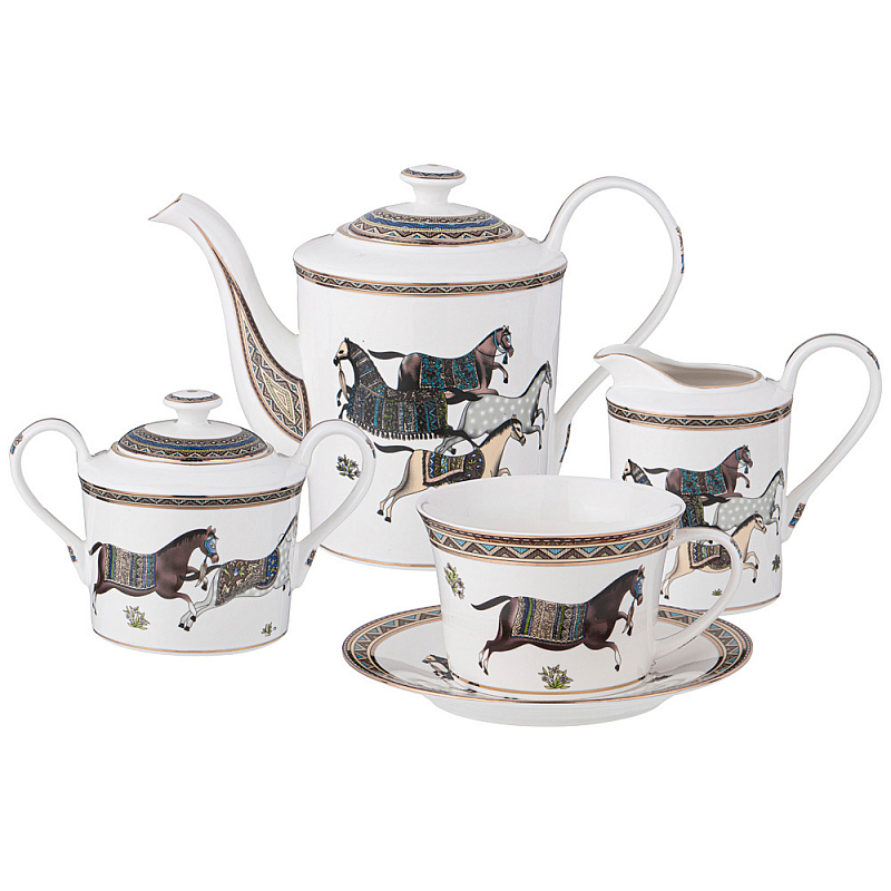 Чайный сервиз из фарфора с изображением лошадей на 6 персон 15 предметов Porcelain Horse Set Белый Мульти Чайный сервиз из фарфора с изображением лошадей на 6 персон 15 предметов Porcelain Horse Set Белый Мульти в Челябинске | Loft Concept