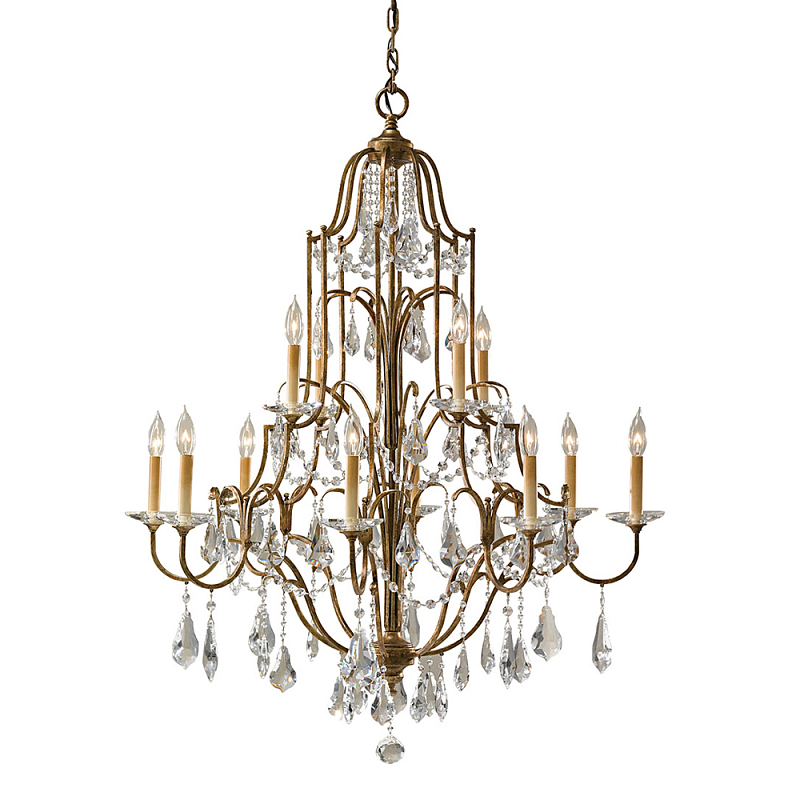 Люстра многоярусная с 12-ю лампами и стеклянными подвесками в классическом стиле Feiss Бронза Прозрачное Стекло в Челябинске | Loft Concept 