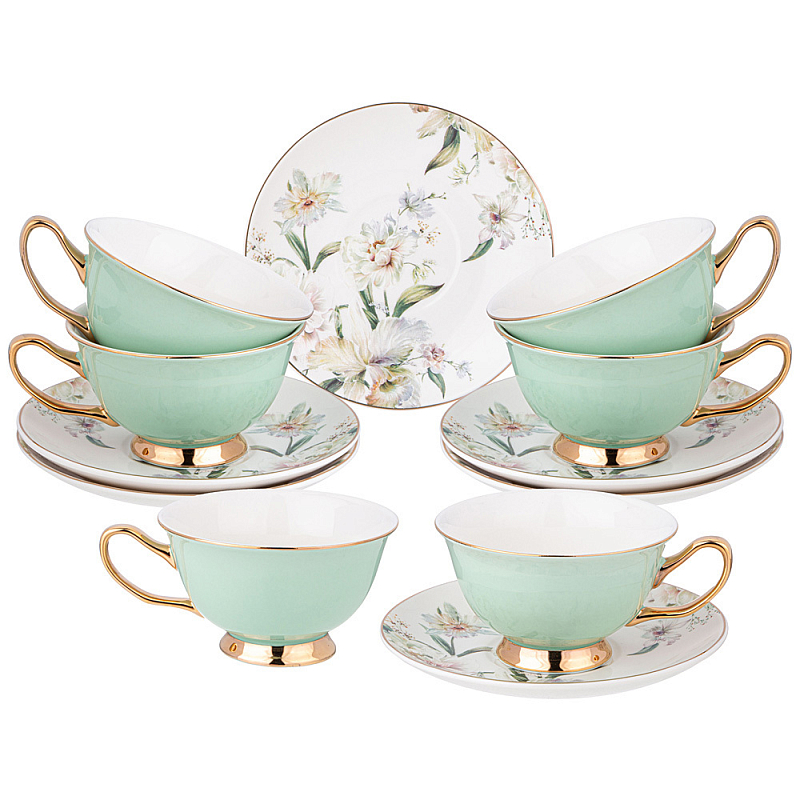 Чайный набор из фарфора на 6 персон Tea Porcelain Set Белый Золотой Зеленый Чайный набор из фарфора на 6 персон Tea Porcelain Set Белый Золотой Зеленый в Челябинске | Loft Concept