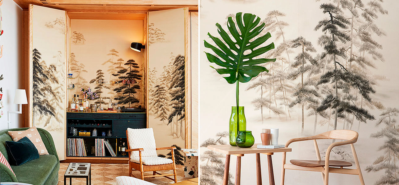 Обои ручная роспись Abstract Pines Dark Lacquer on Natural Mica metallic silk Обои ручная роспись Abstract Pines Dark Lacquer on Natural Mica metallic silk - Loft-Concept в Челябинске