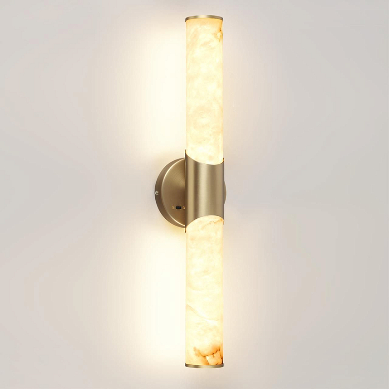 Бра с вытянутым цилиндрическим плафоном из белого алебастра на круглом основании Латунь Cryptocrystalline Stone Латунь Белый в Челябинске | Loft Concept 