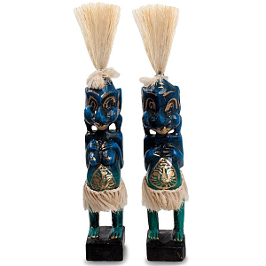 Комплект из 2-х деревянных статуэток Asmat Straw Headdress Statuettes Blue Tattoo