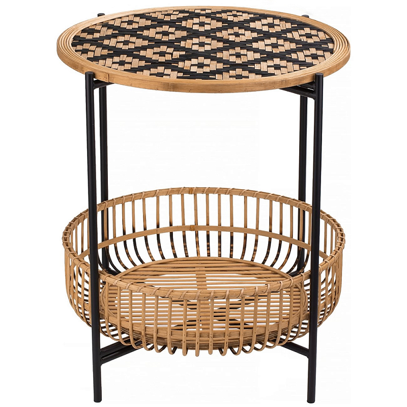 Круглый кофейный стол с плетеной столешницей и полкой Norberta Wicker Coffee Table Коричневый Черный в Челябинске | Loft Concept 