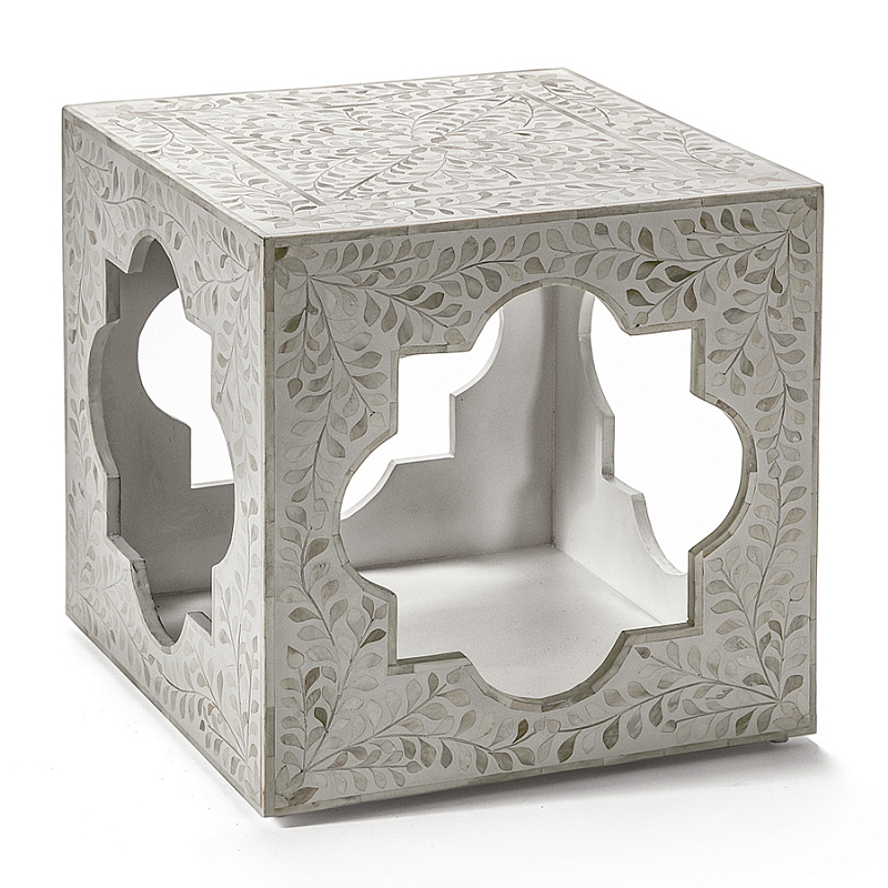 Приставной столик с перламутром Bone Inlay Side Table Floral Design ivory ( слоновая кость ) в Челябинске | Loft Concept 