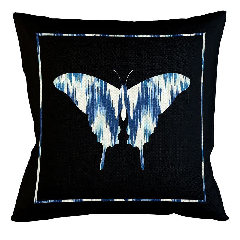 Подушка декоративная бабочка с синим узором Ikat Pattern Черный Белый Синий Бежевый Подушка декоративная бабочка с синим узором Ikat Pattern Черный Белый Синий Бежевый в Челябинске | Loft Concept