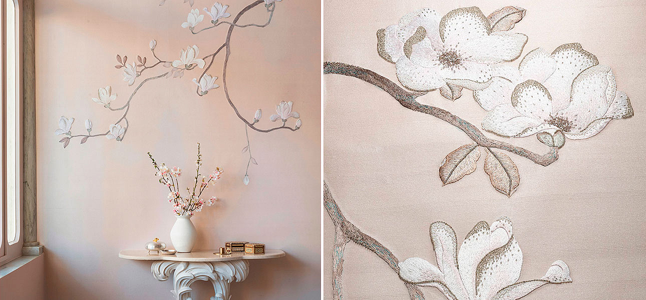 Обои Magnolia Canopy Original colourway on Rose Water metallic slub silk Обои Magnolia Canopy Original colourway on Rose Water metallic slub silk - Loft-Concept в Челябинске