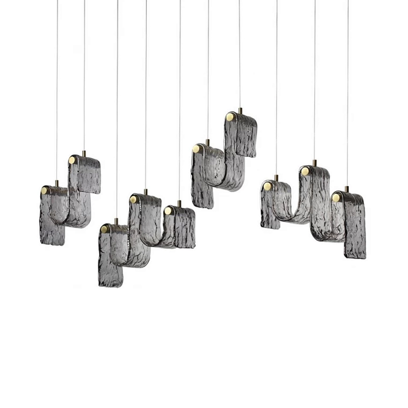 Подвесной светильник линейный с плафонами волнистой формы из фактурного стекла Big Wave Дымчатый (Smoke) Янтарный в Челябинске | Loft Concept 