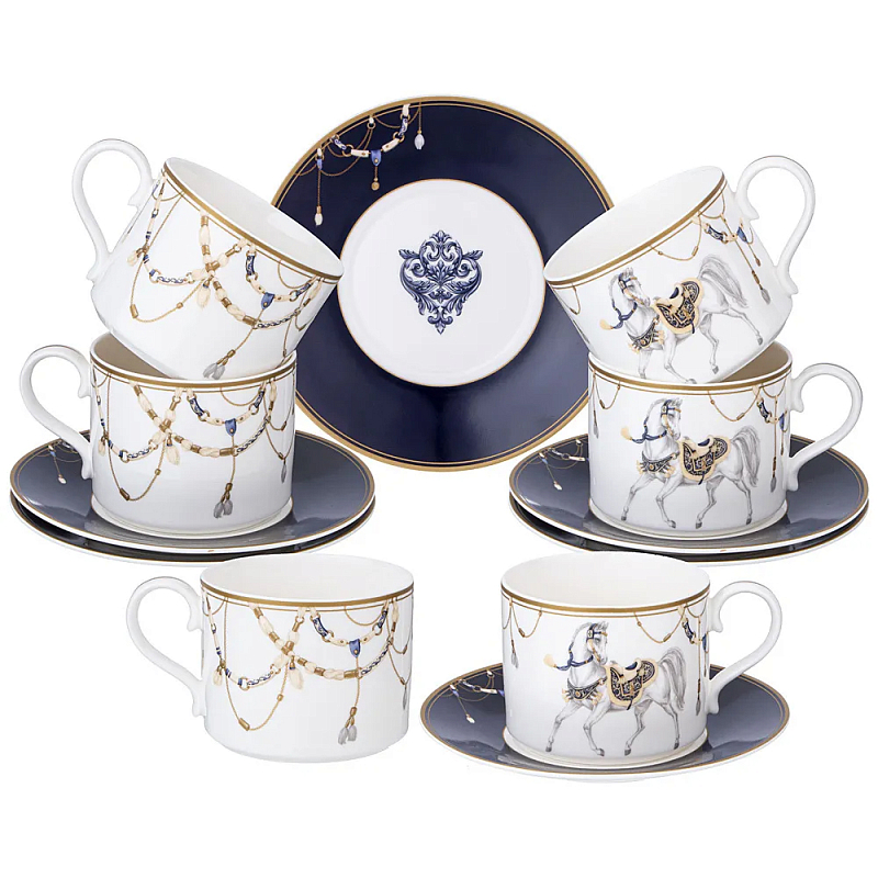 Чайный набор из фарфора с изображением лошадей на 6 персон 12 предметов Porcelain Horse Set Белый Синий Чайный набор из фарфора с изображением лошадей на 6 персон 12 предметов Porcelain Horse Set Белый Синий в Челябинске | Loft Concept