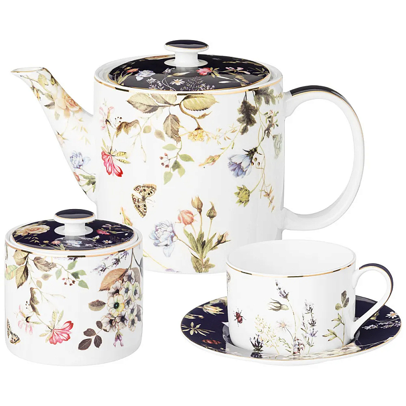 Чайный сервиз из фарфора с цветочным принтом на 6 персон 14 предметов Garden Whisper Porcelain Set Белый Темно-синий Мульти Чайный сервиз из фарфора с цветочным принтом на 6 персон 14 предметов Garden Whisper Porcelain Set Белый Темно-синий Мульти в Челябинске | Loft Concept