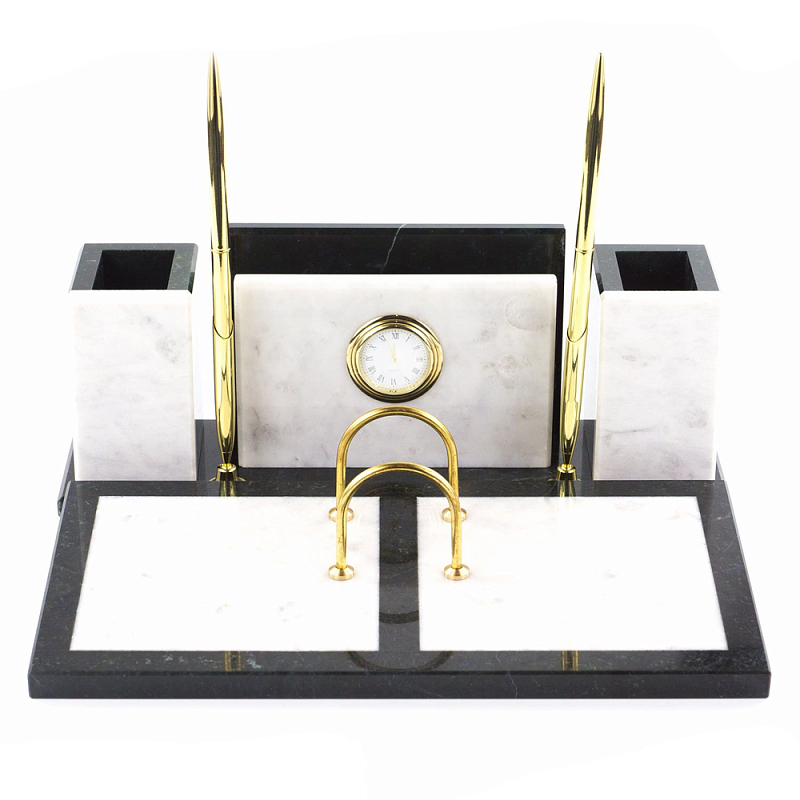 Настольный письменный набор из белого мрамора с часами Marble Accessory Белый Черный Настольный письменный набор из белого мрамора с часами Marble Accessory Белый Черный в Челябинске | Loft Concept