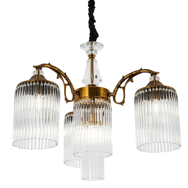 Подвесная люстра с плафонами с виде трубчатых хрустальных подвесок Cadice Chandelier Латунь Прозрачное Стекло в Челябинске | Loft Concept 