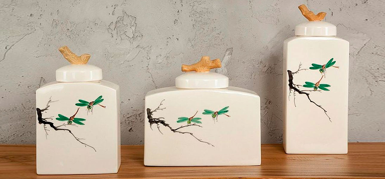 Ваза низкая с крышкой керамическая стрекоза Ornament Ваза низкая с крышкой керамическая стрекоза Ornament - Loft-Concept в Челябинске