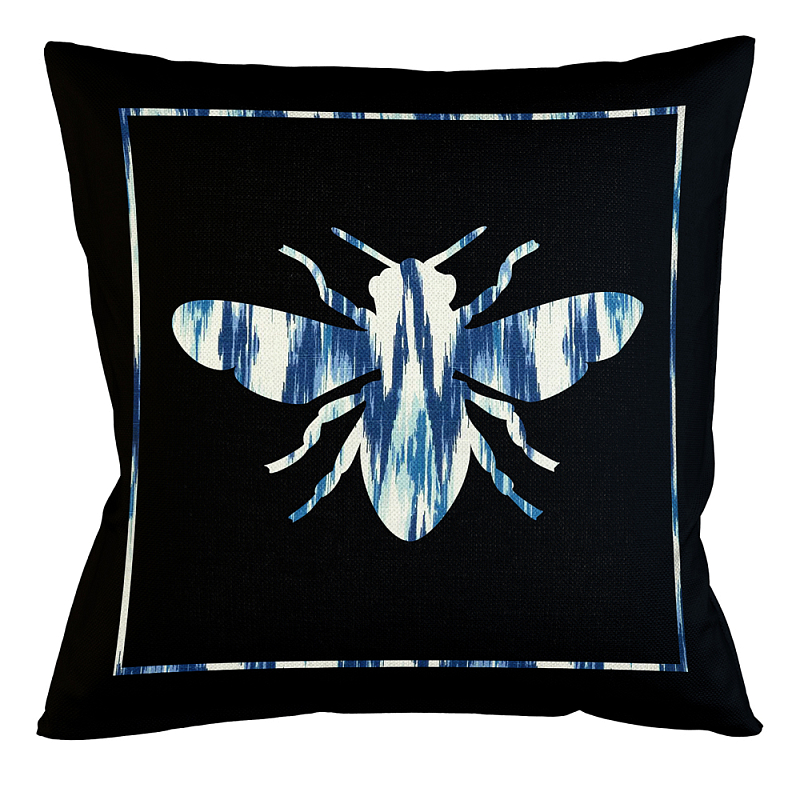 Подушка декоративная пчела с синим узором Ikat Pattern Черный Белый Синий Бежевый Подушка декоративная пчела с синим узором Ikat Pattern Черный Белый Синий Бежевый в Челябинске | Loft Concept