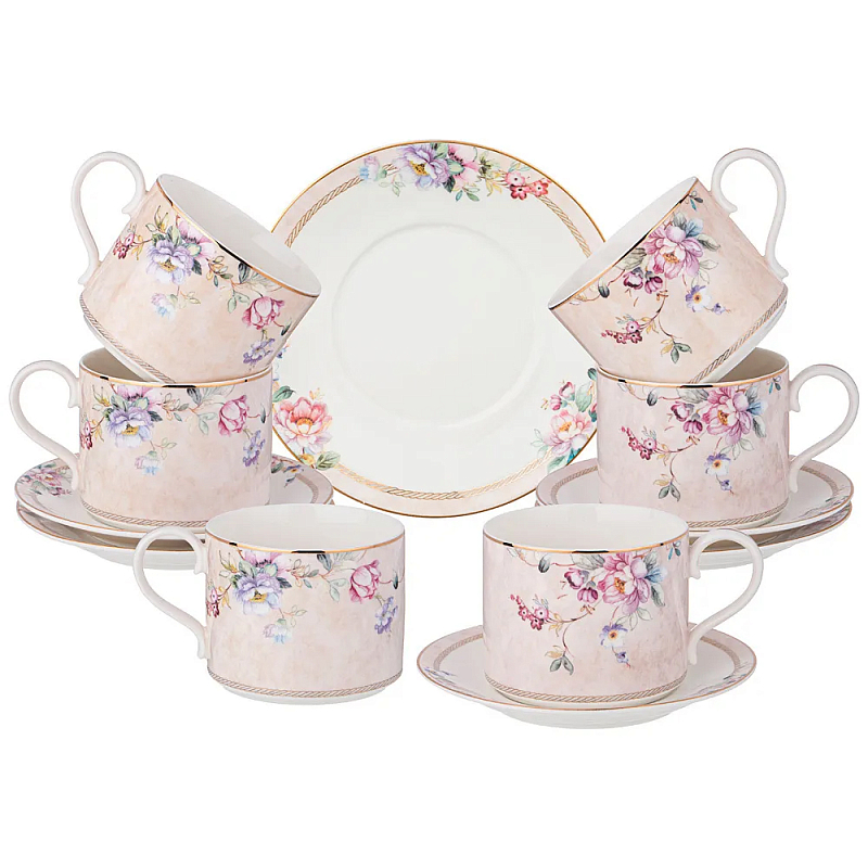 Чайный набор из фарфора с цветочным принтом на 6 персон 12 предметов Flower Porcelain Collection Розовый Мульти Чайный набор из фарфора с цветочным принтом на 6 персон 12 предметов Flower Porcelain Collection Розовый Мульти в Челябинске | Loft Concept