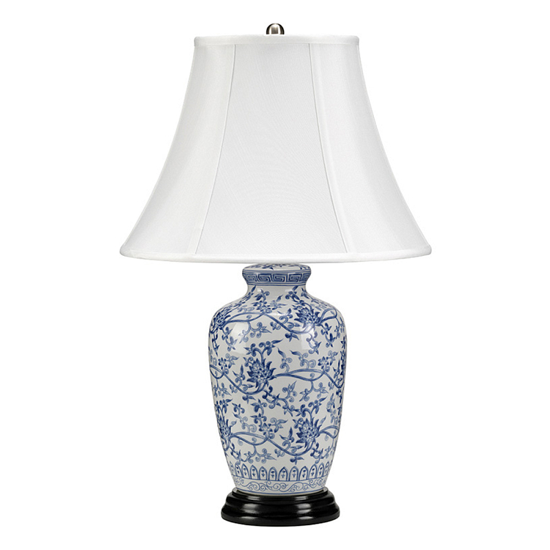 Настольная лампа с фарфоровым основанием с декоративным орнаментом и белым абажуром на темной круглой подставке Elstead Lighting Белый Синий Никель Черный Золотой Серебряный в Челябинске | Loft Concept 