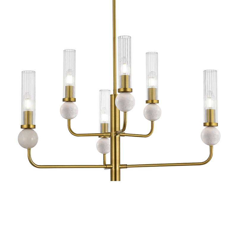Люстра с 6-ю плафонами в форме стеклянных трубок и мраморных декоративных элементов Montreal Белый Латунь Прозрачный в Челябинске | Loft Concept 