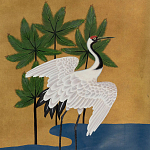 Обои ручная роспись Tsuro Cranes Original colourway on Gold Bullion gilded silk варинант исполнения - 1 | Loft Concept в Челябинске