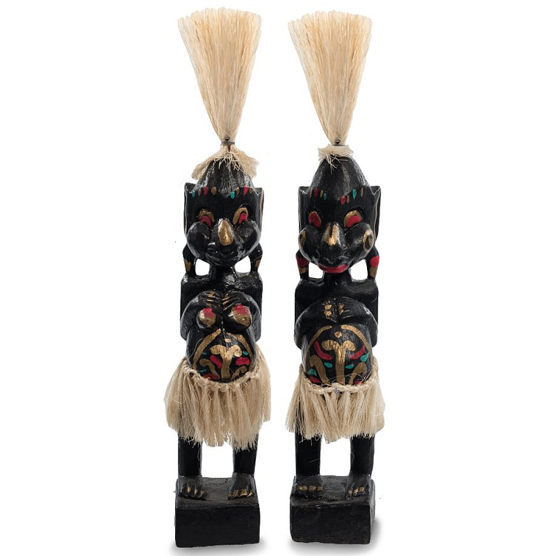 Комплект из 2-х деревянных статуэток Asmat Straw Headdress Statuettes Multicolor Мульти Черный Синий Красный Комплект из 2-х деревянных статуэток Asmat Straw Headdress Statuettes Multicolor Мульти Черный Синий Красный в Челябинске | Loft Concept