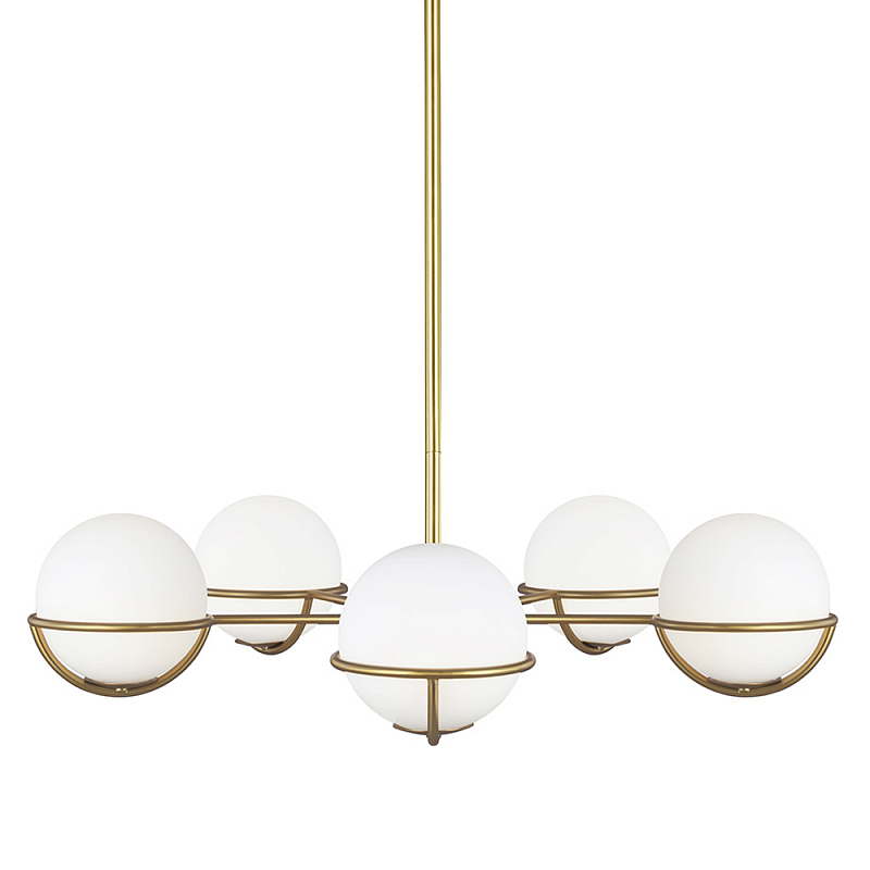 Люстра с 5-ю белыми шарообразными плафонами в сферические каркасах Feiss Латунь Белый в Челябинске | Loft Concept 