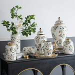 Ваза белая с крышкой с рисунком зеленых и золотых листьев 48 см Chinoiserie Ceramics варинант исполнения - 5 | Loft Concept в Челябинске